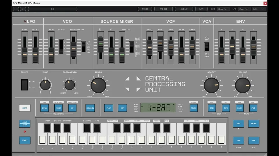 CPU Micron Acid Bass demo - the plugin's panel, with the sequencer running