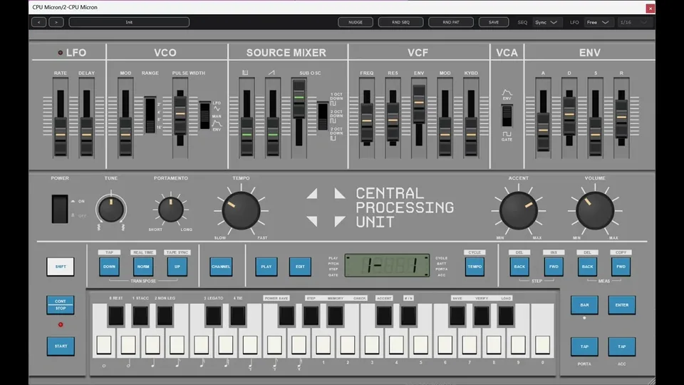 CPU Micron Pulse Width demo - the plugin's panel, with the sequencer running