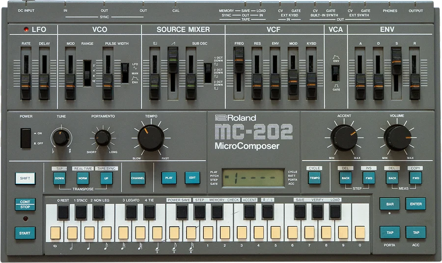 A Roland MC-202 MicroComposer, the 1983 hardware sequencer and synthesiser